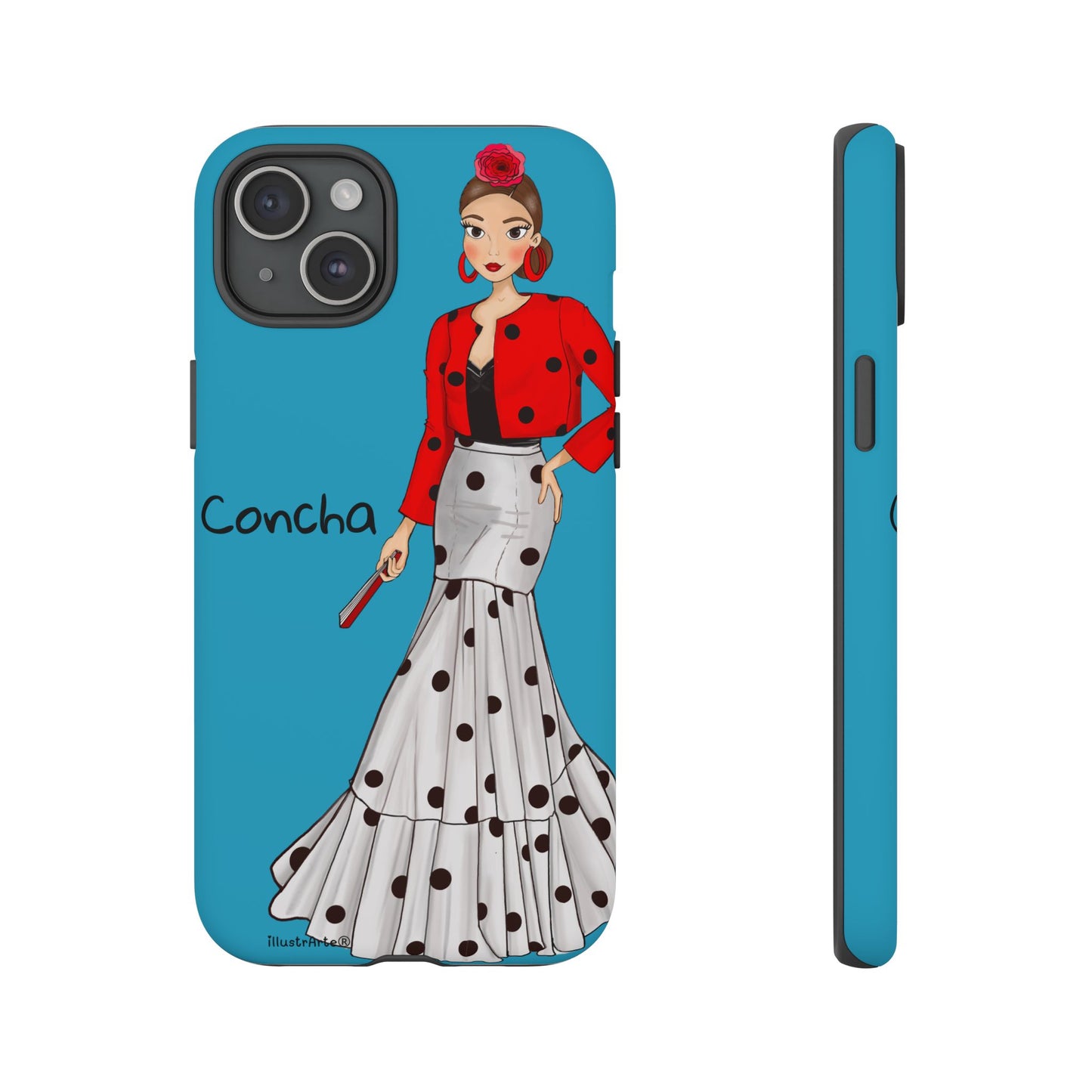 Funda de teléfono con design elegante, Modelo Conchita fondo azul, que destaca la belleza de la personalización.