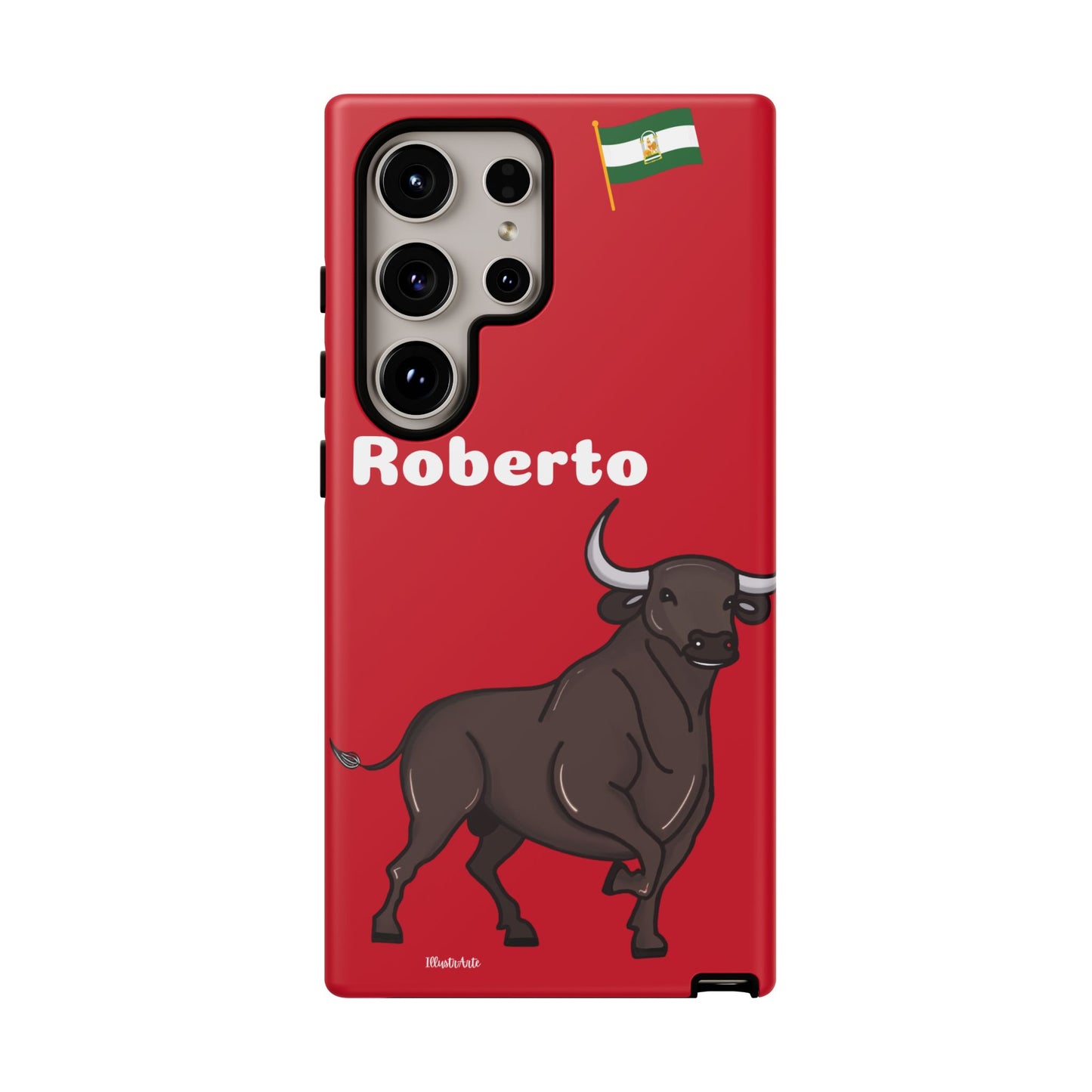 una funda de teléfono roja con un toro en ella