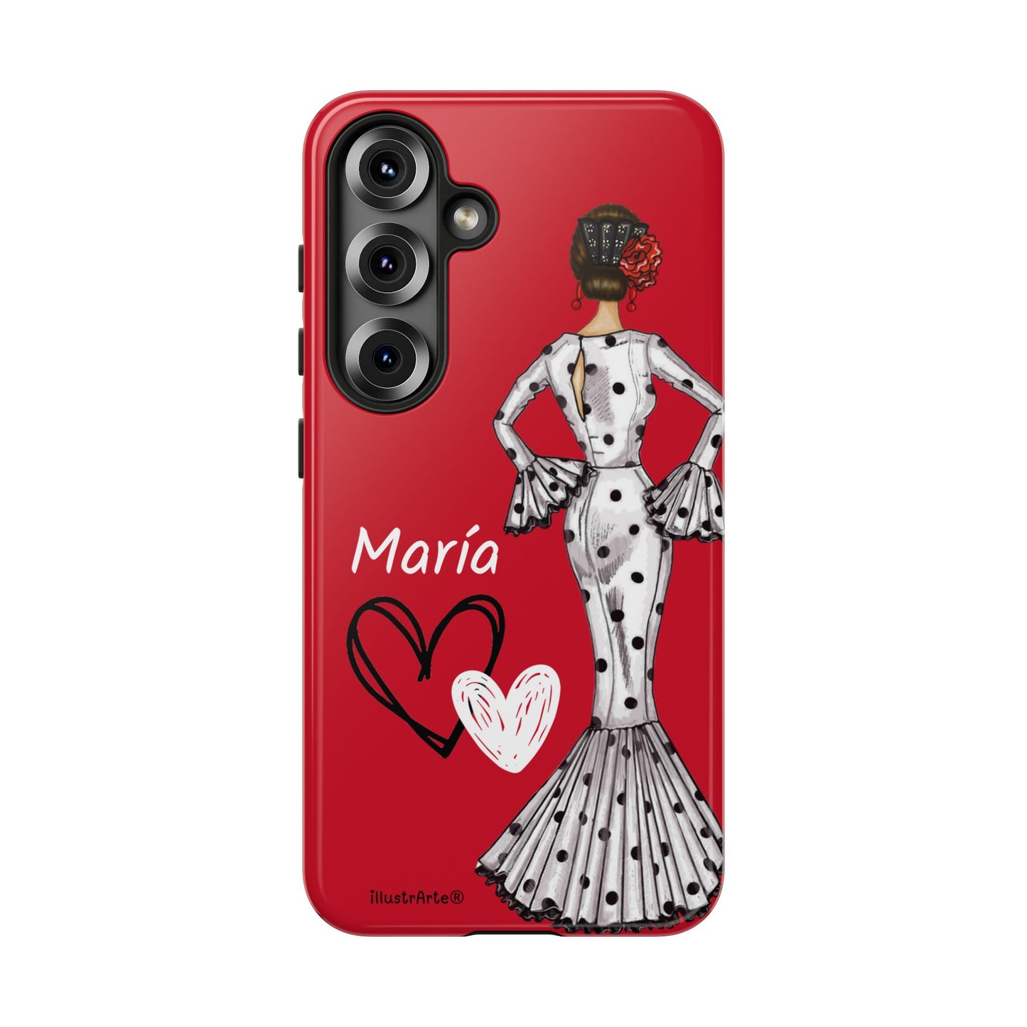Personalized Maria phone case, white with red hearts background – for iPhone, Samsung, Pixel