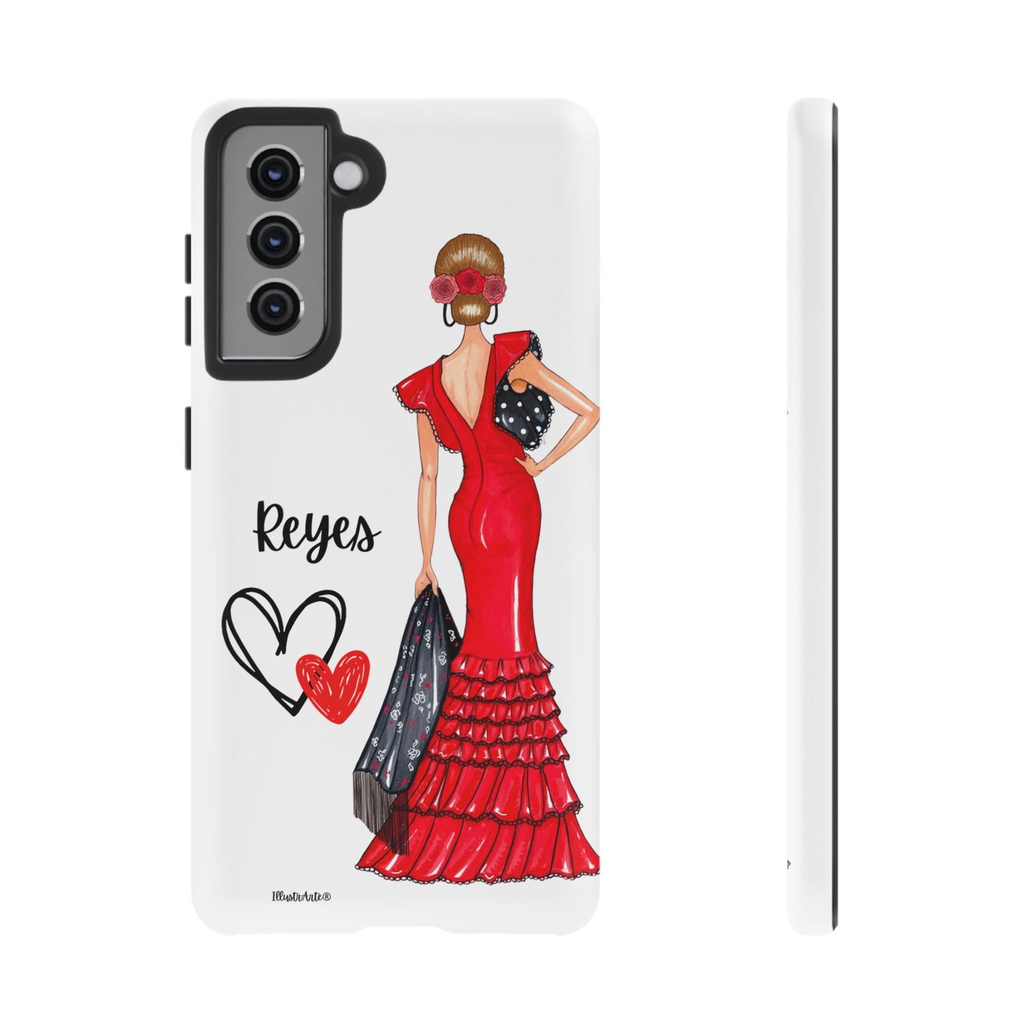 una funda de teléfono con una mujer en un vestido rojo