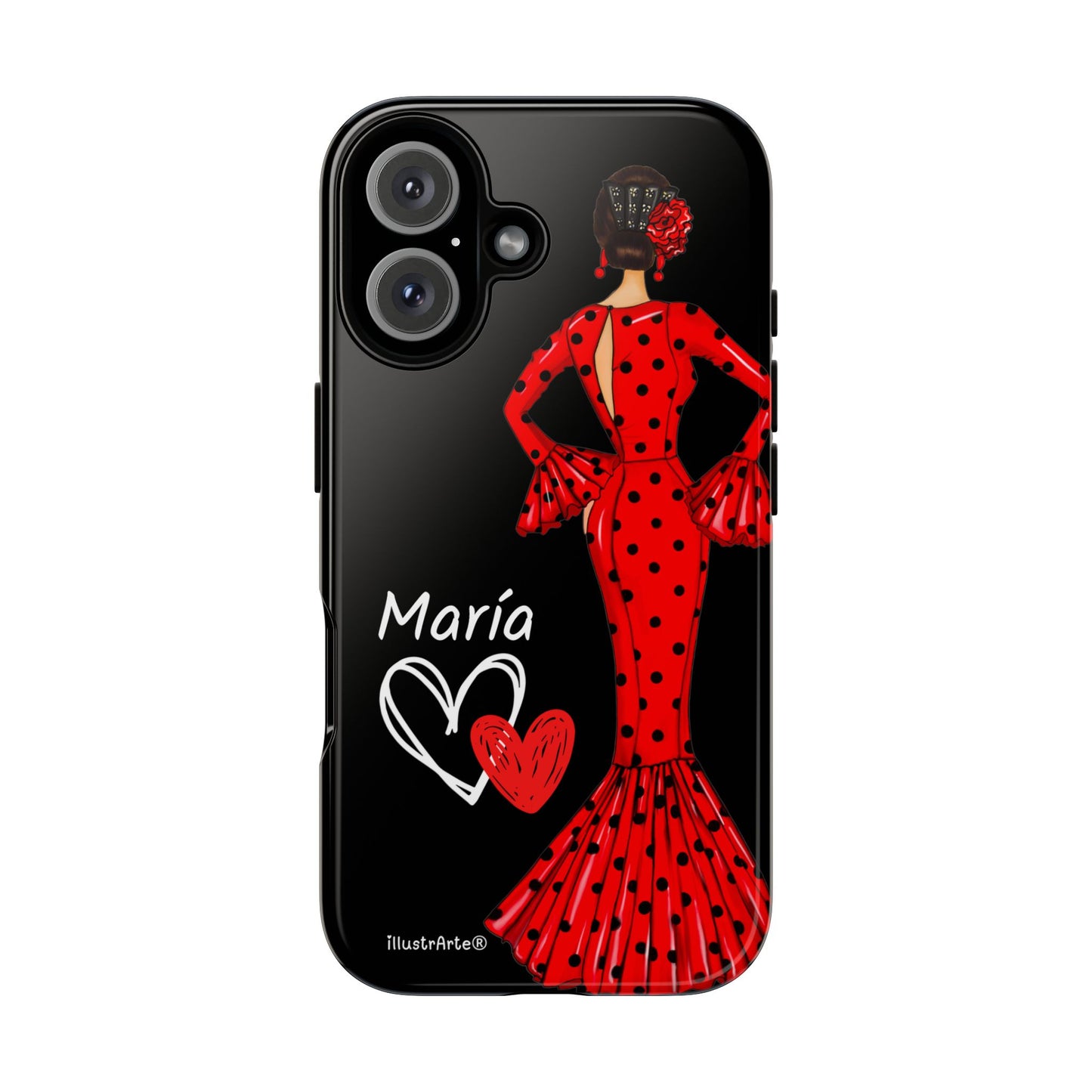 Capa de celular personalizável com nome/bandeira/Virgem - modelo Red Maria com cabelo escuro, fundo preto, para iPhone, Samsung e Google Pixel