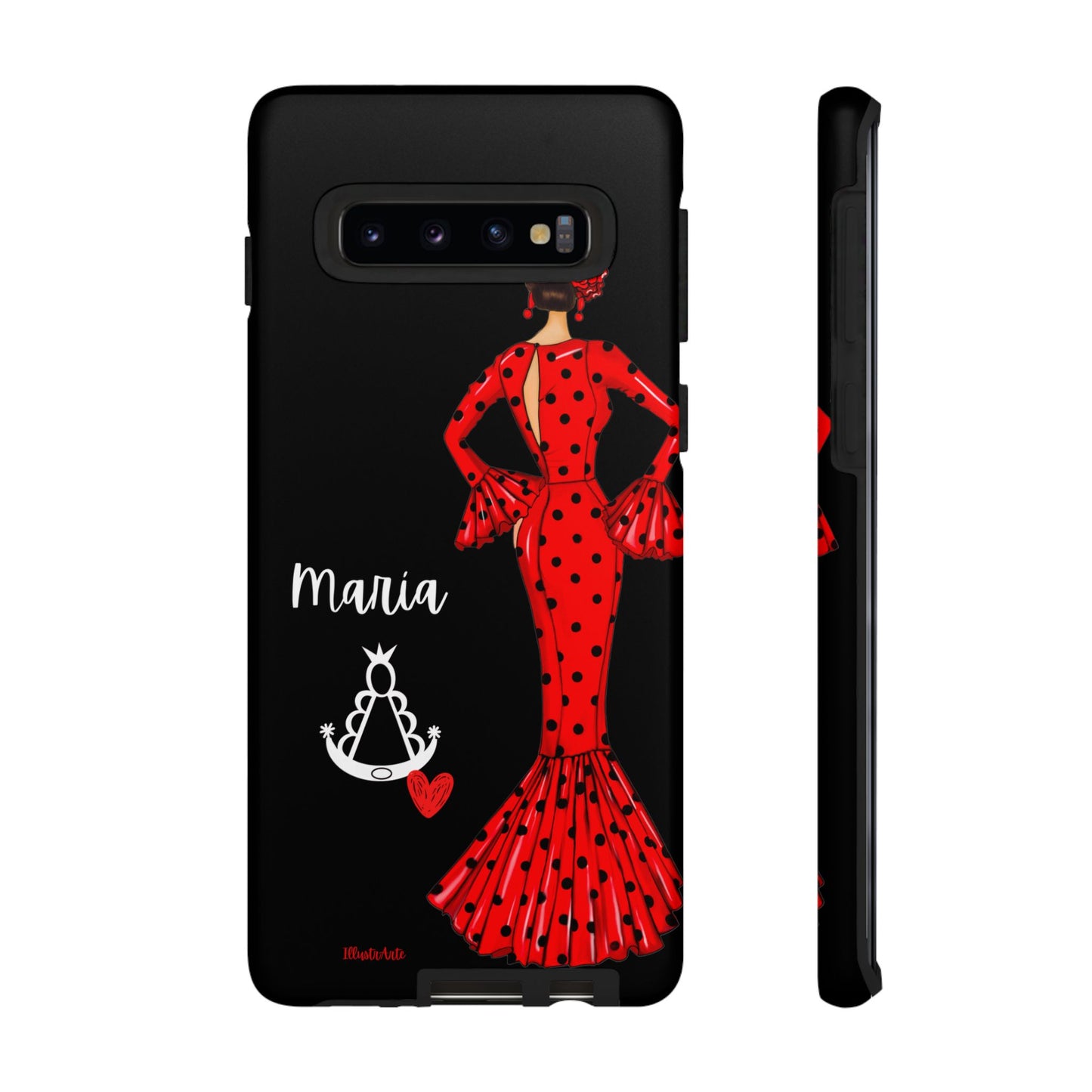 una funda de teléfono con una mujer en un vestido rojo