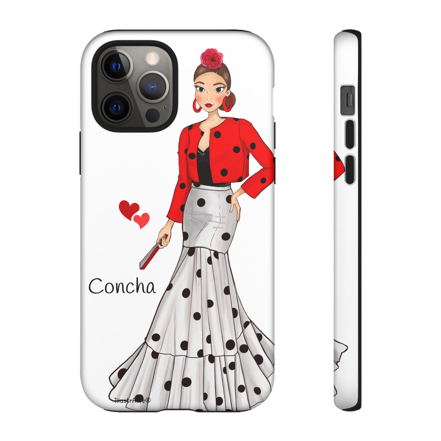 Primer plano de la funda de teléfono personalizable, modelo Conchita de fondo blanco mostrando opciones de personalización para tu smartphone.