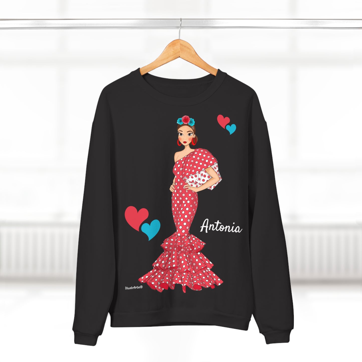 Sudadera Personalizable  - Flamenca Antonia, fondo negro - Arte, color y comodidad en una sola prenda