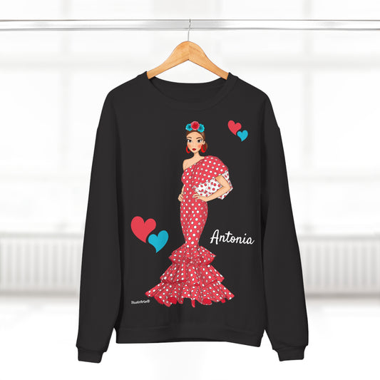 Sudadera Personalizable  - Flamenca Antonia, fondo negro - Arte, color y comodidad en una sola prenda