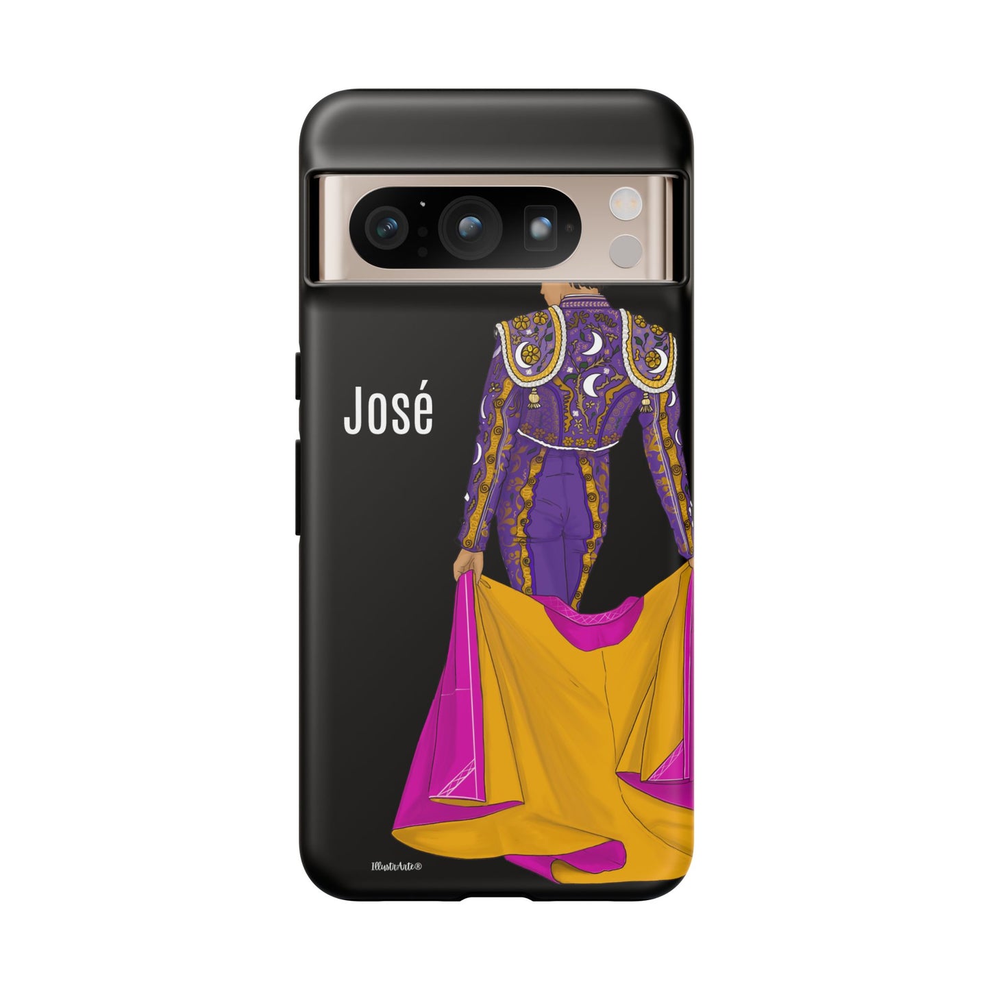 una funda de teléfono con una imagen de una mujer en un vestido morado y amarillo