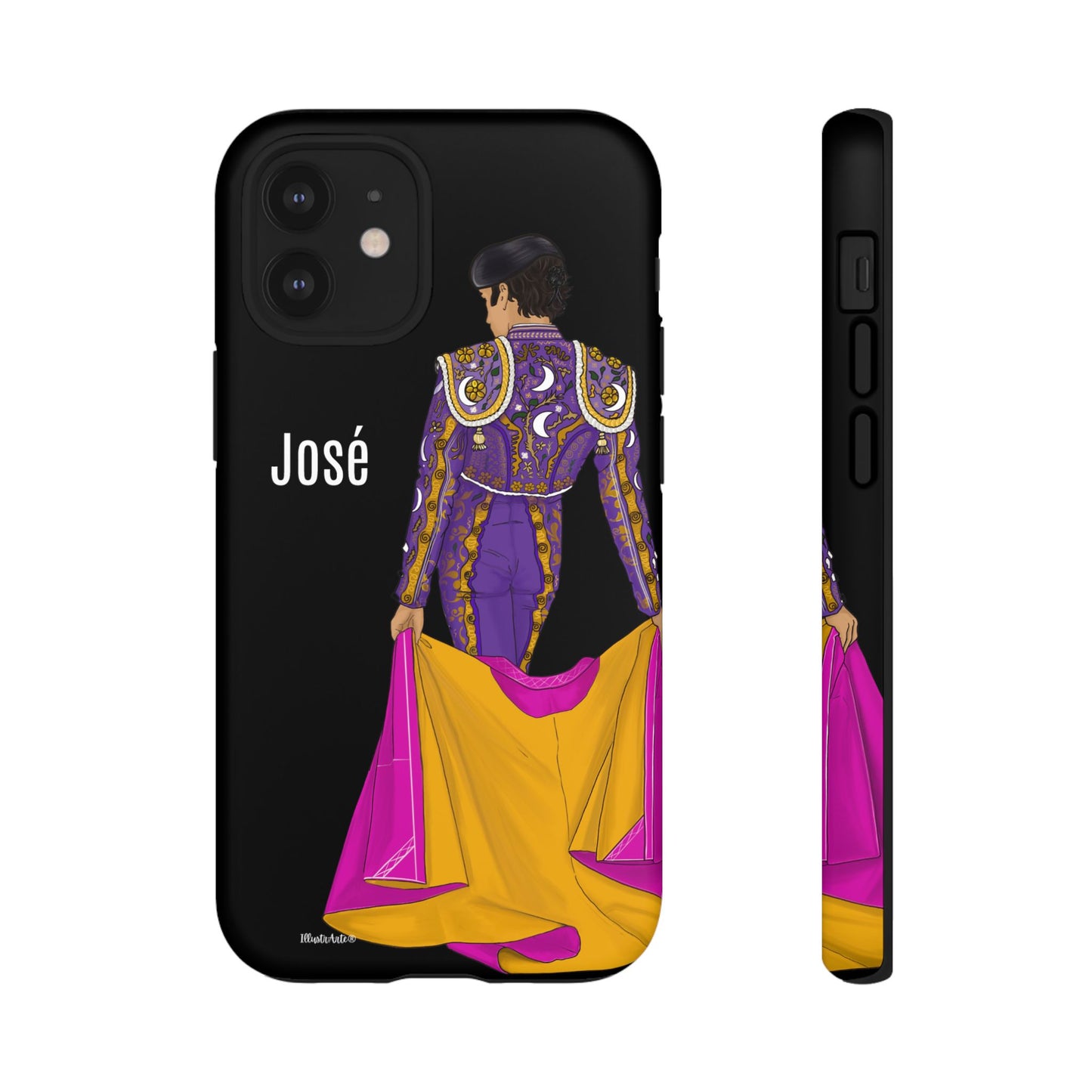 una funda de teléfono con una imagen de una mujer en un traje morado y amarillo