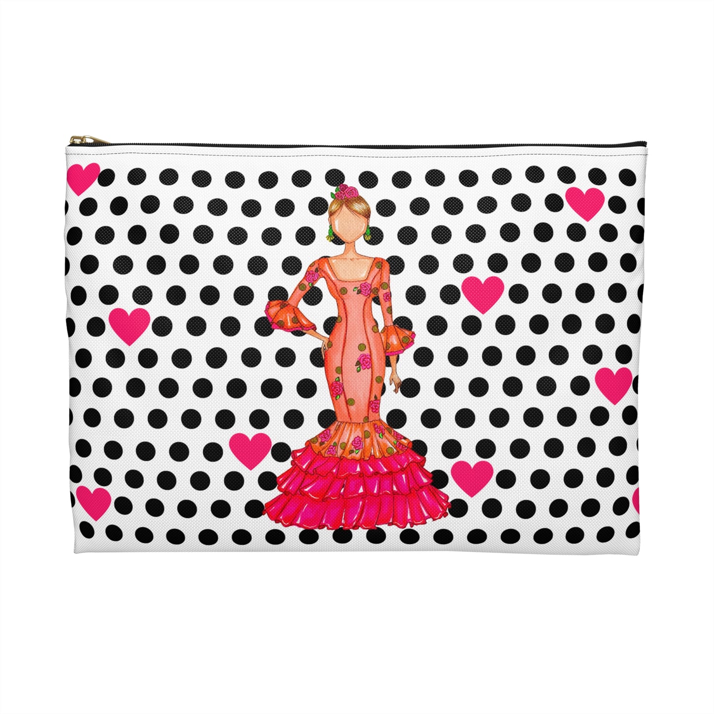 a polka dot purse with a woman in a pink dress