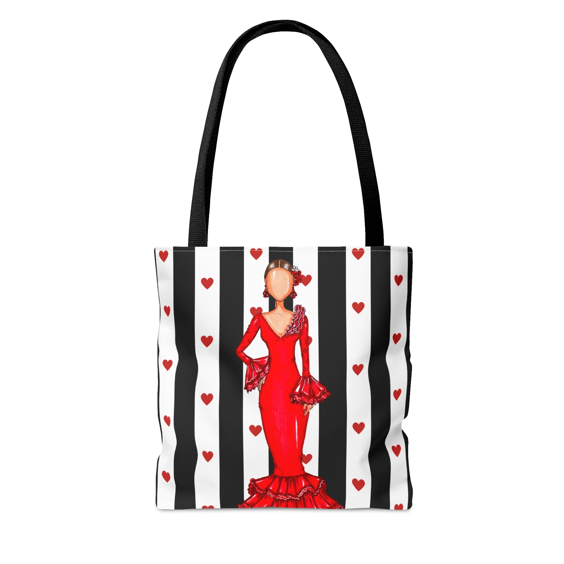 Flamenco lover Tote Bag, fabric tote bag with white black and white stripes background and a flamenco dancer in a red dress. Choose between 3 sizes. - IllustrArte