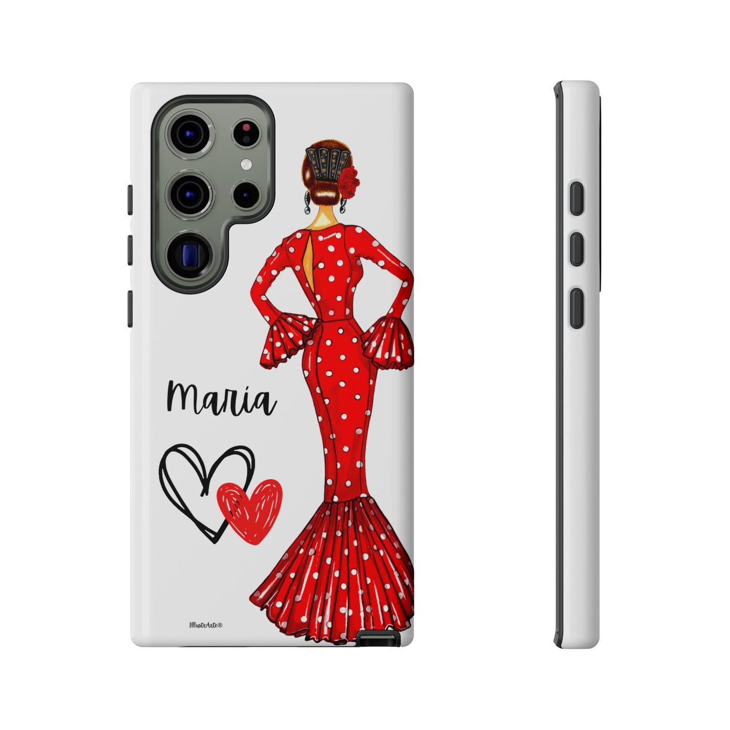 una funda de teléfono con una mujer en un vestido rojo