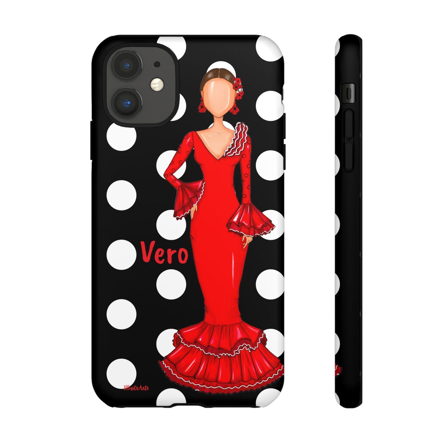 una funda para teléfono con una mujer en un vestido rojo