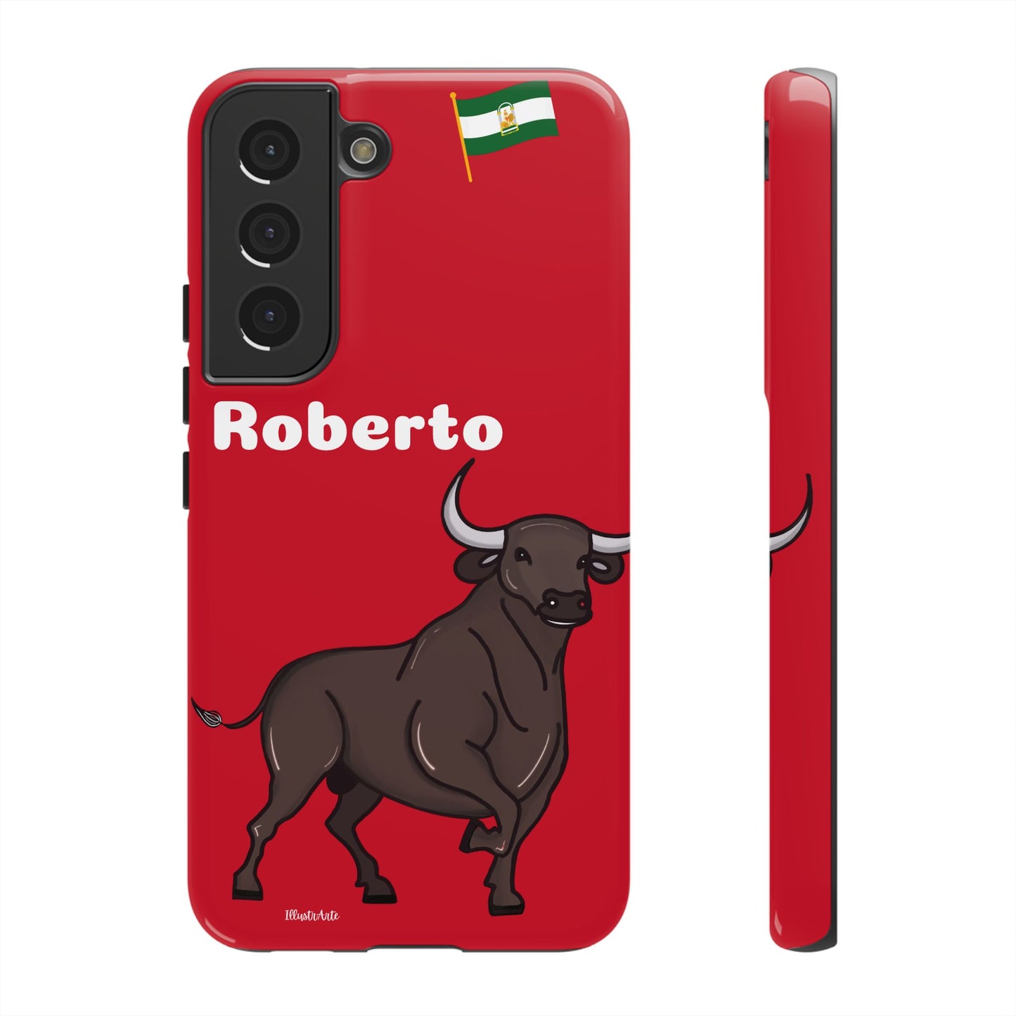 una funda de teléfono roja con un toro en ella