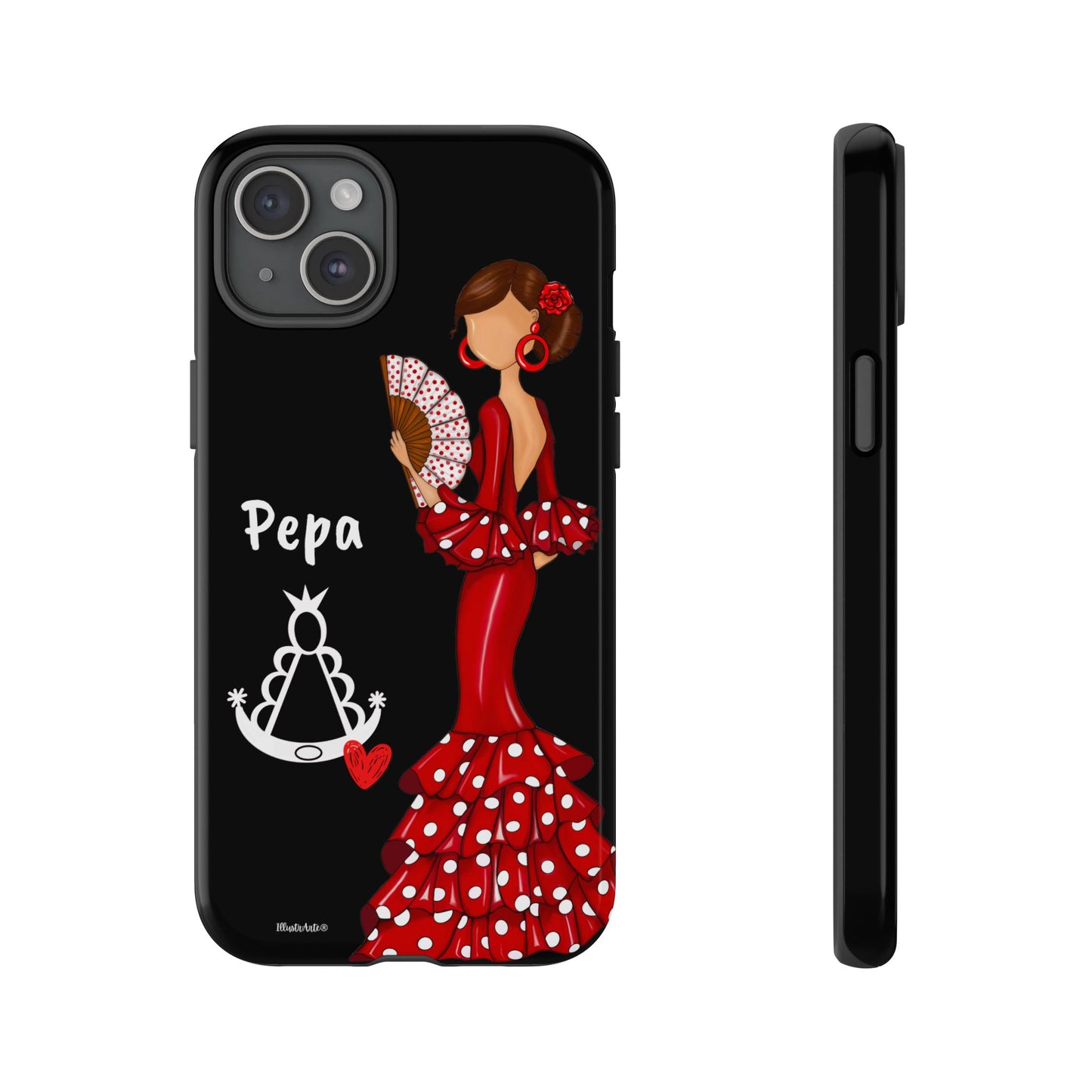 Personalized Pepa phone case on a black background with the Virgin Mary – for iPhone, Samsung, Pixel