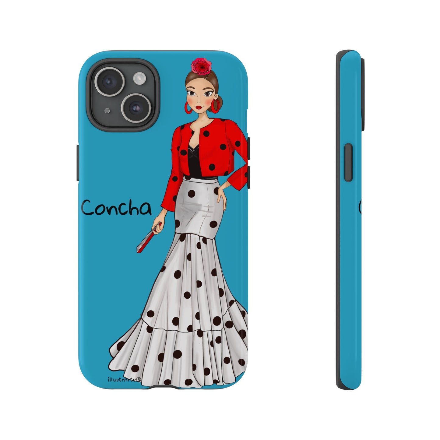 Funda de teléfono personalizable, Modelo Conchita fondo azul, exhibiendo su diseño encantador.