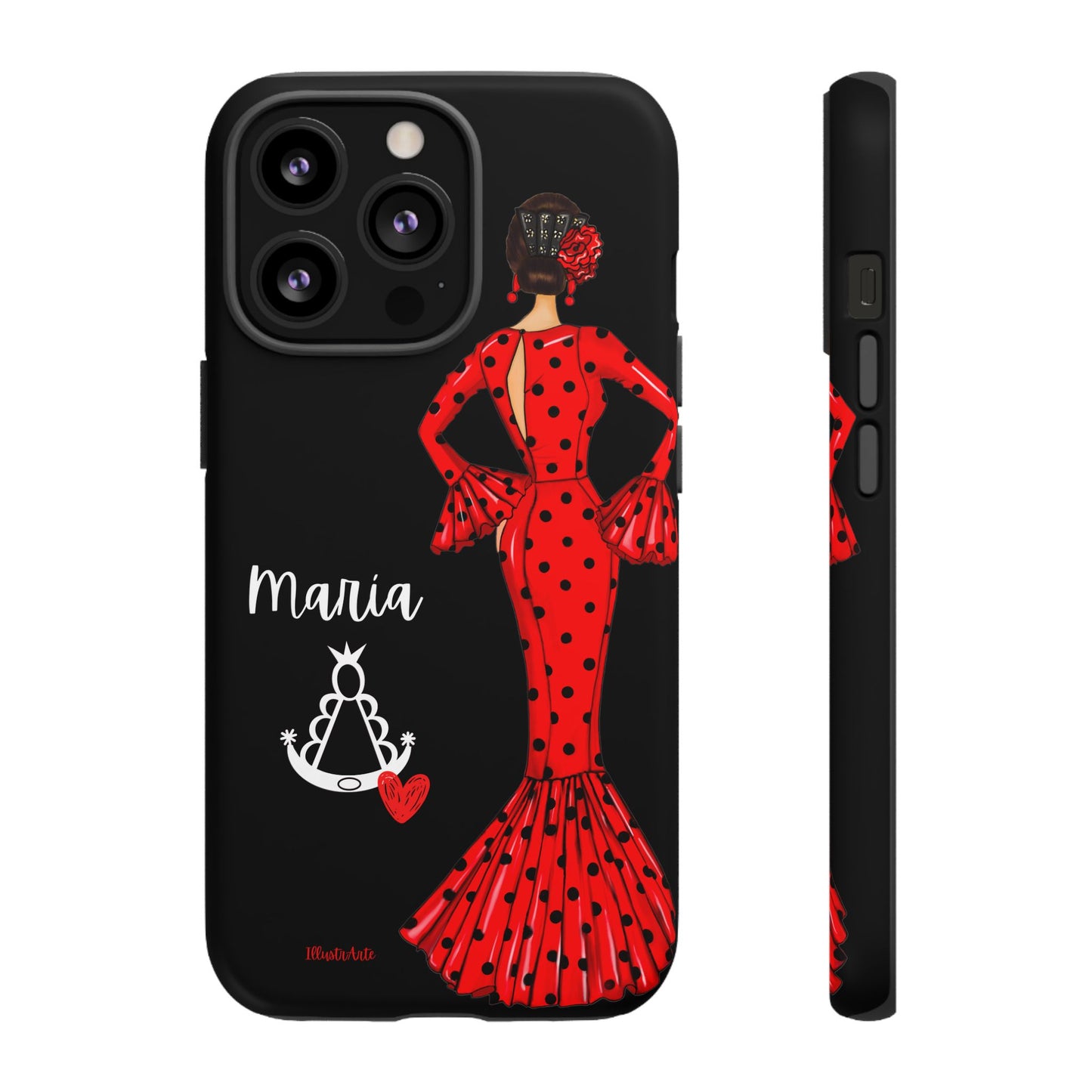 una funda de teléfono con una mujer en un vestido rojo