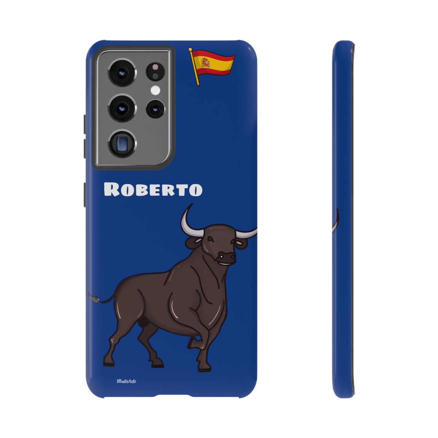 una funda de teléfono azul con un toro en ella