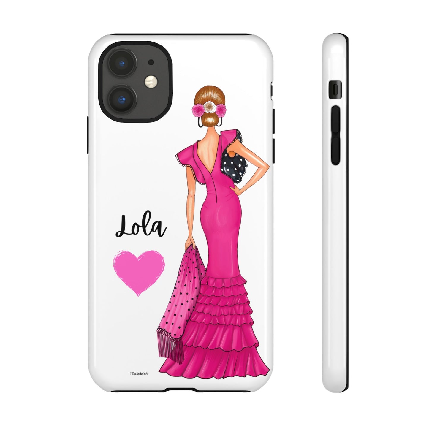 Funda de teléfono personalizable con nombre/bandera/Virgen - Modelo Manuela vestido rosa, perfecta para iPhone, Samsung y Google Pixel.