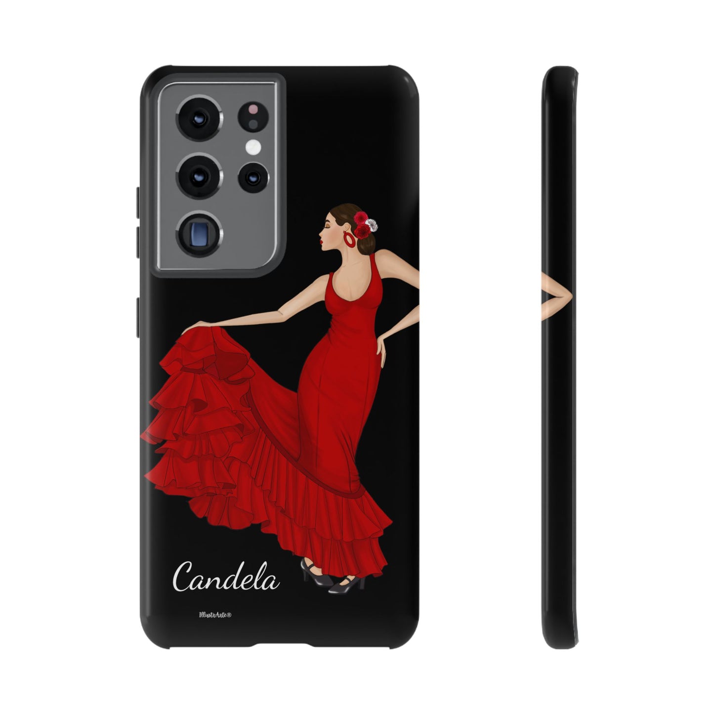 una funda de teléfono con una imagen de una mujer en un vestido rojo