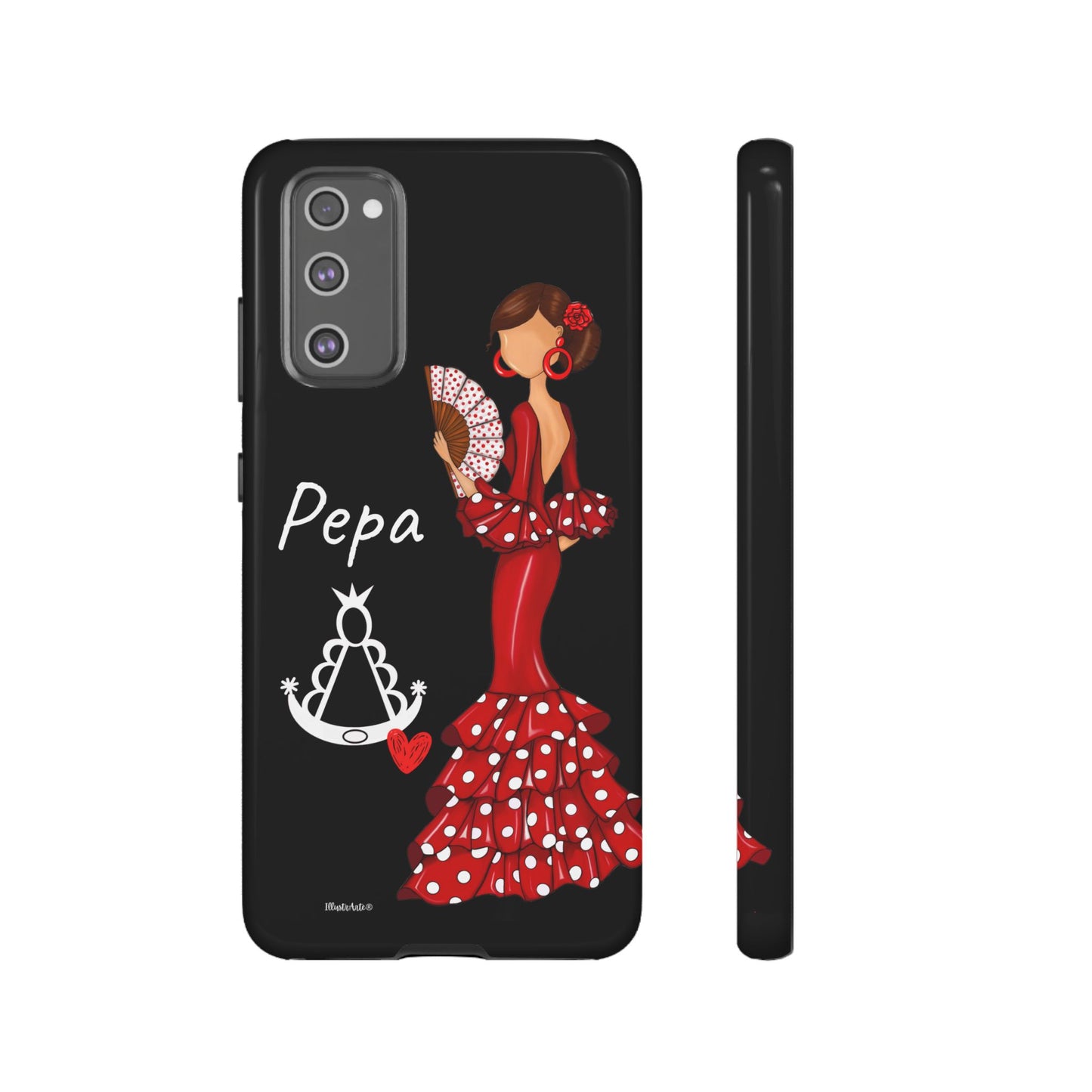 una funda de teléfono con una mujer en un vestido rojo