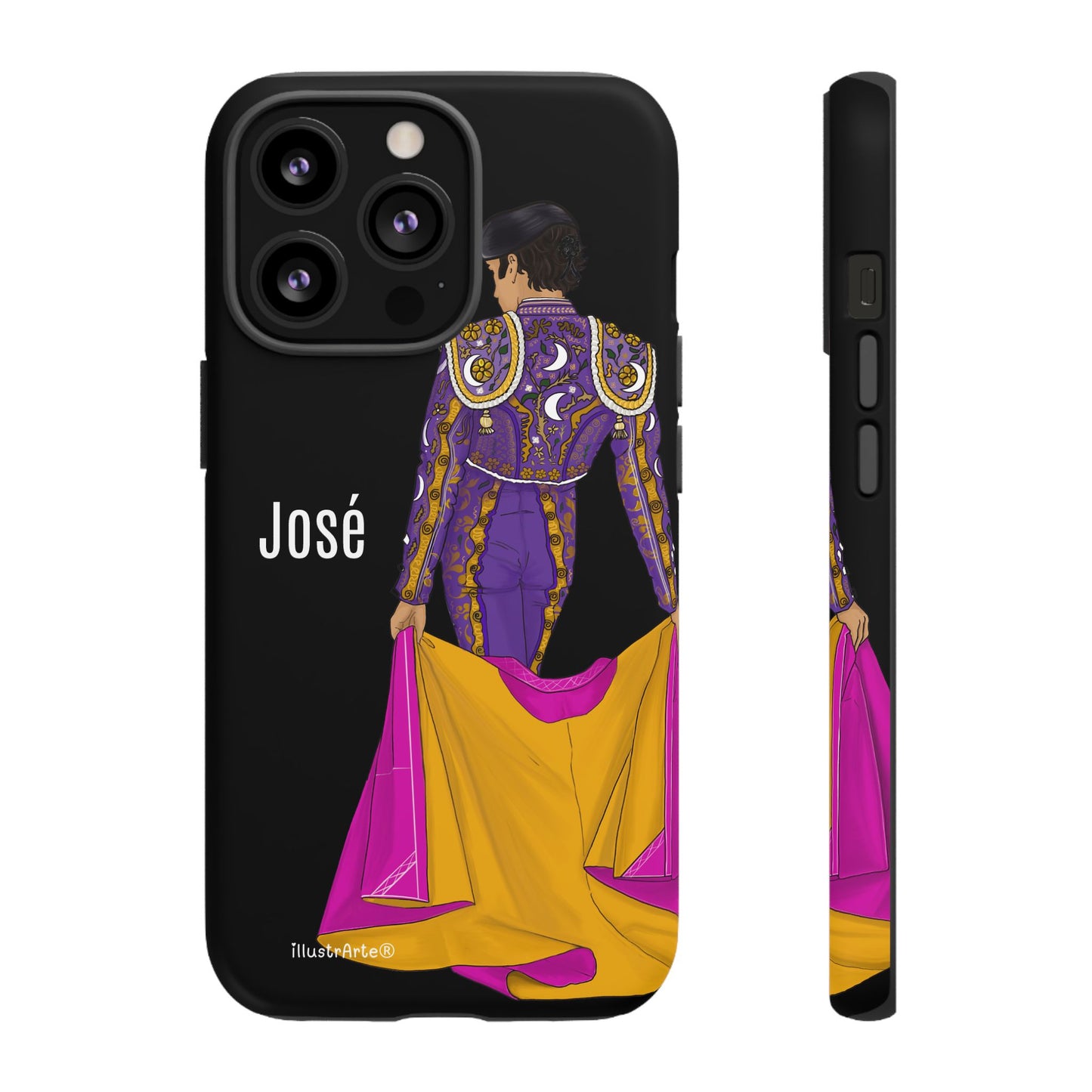Personalized phone case featuring bullfighter José on a green background – for iPhone, Samsung, Pixel