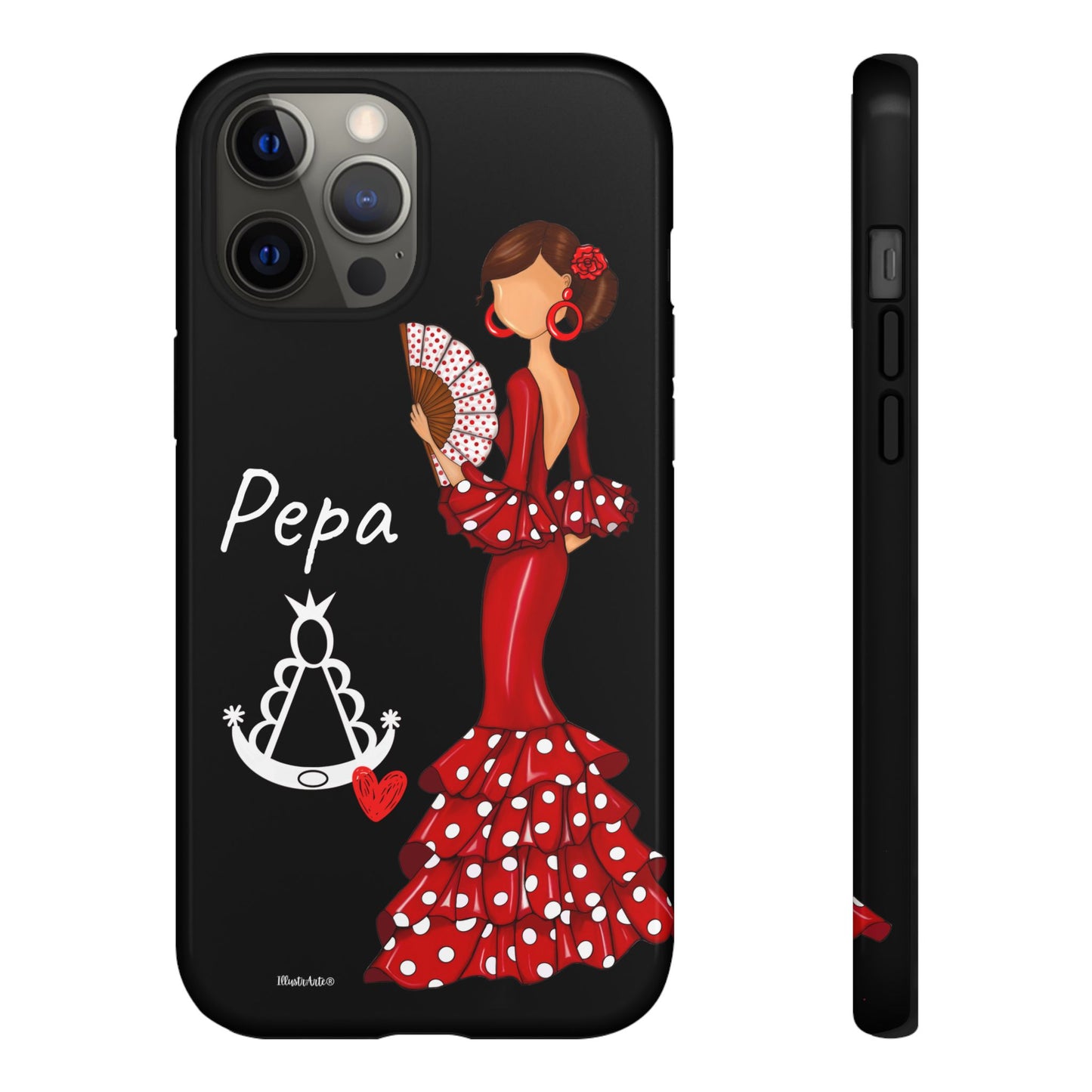 una funda de teléfono con una mujer en un vestido rojo