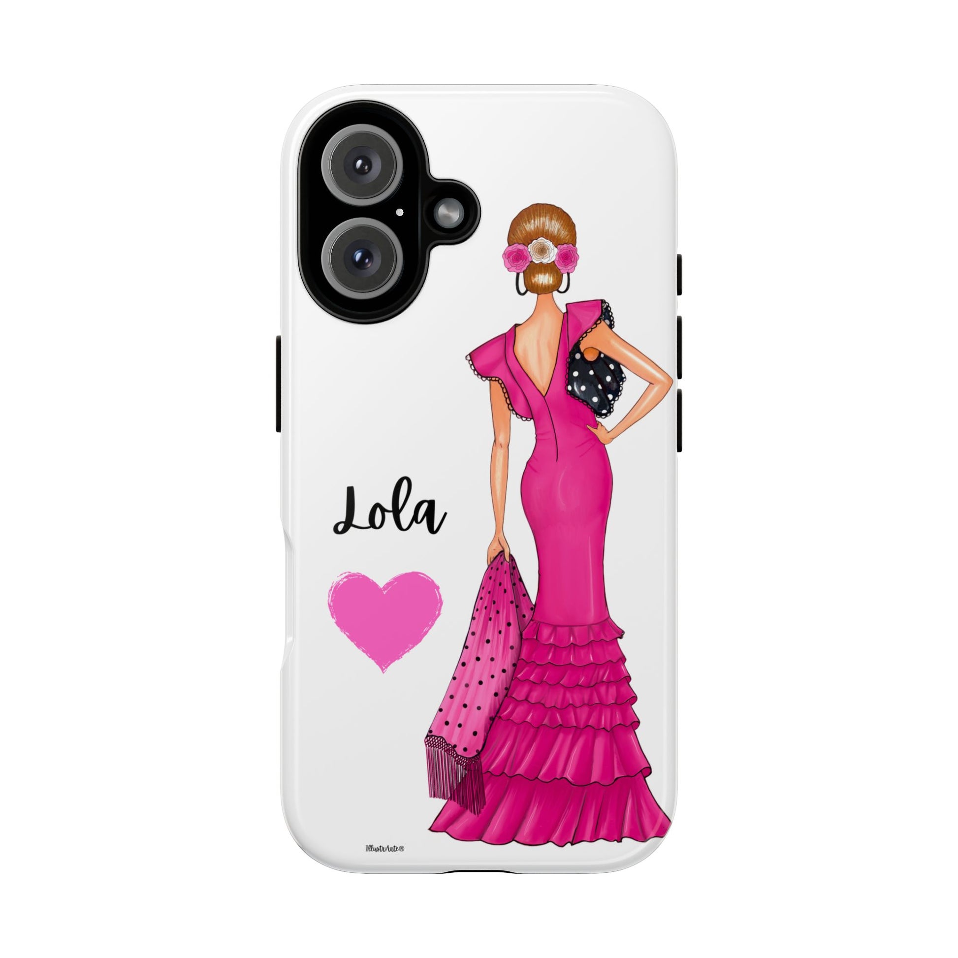 una funda para teléfono con una mujer en un vestido rosa