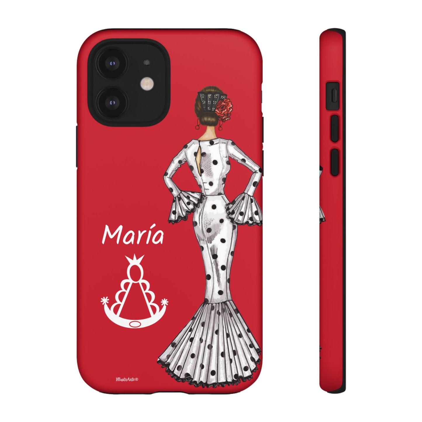 una funda de teléfono roja con una imagen de una mujer en un vestido