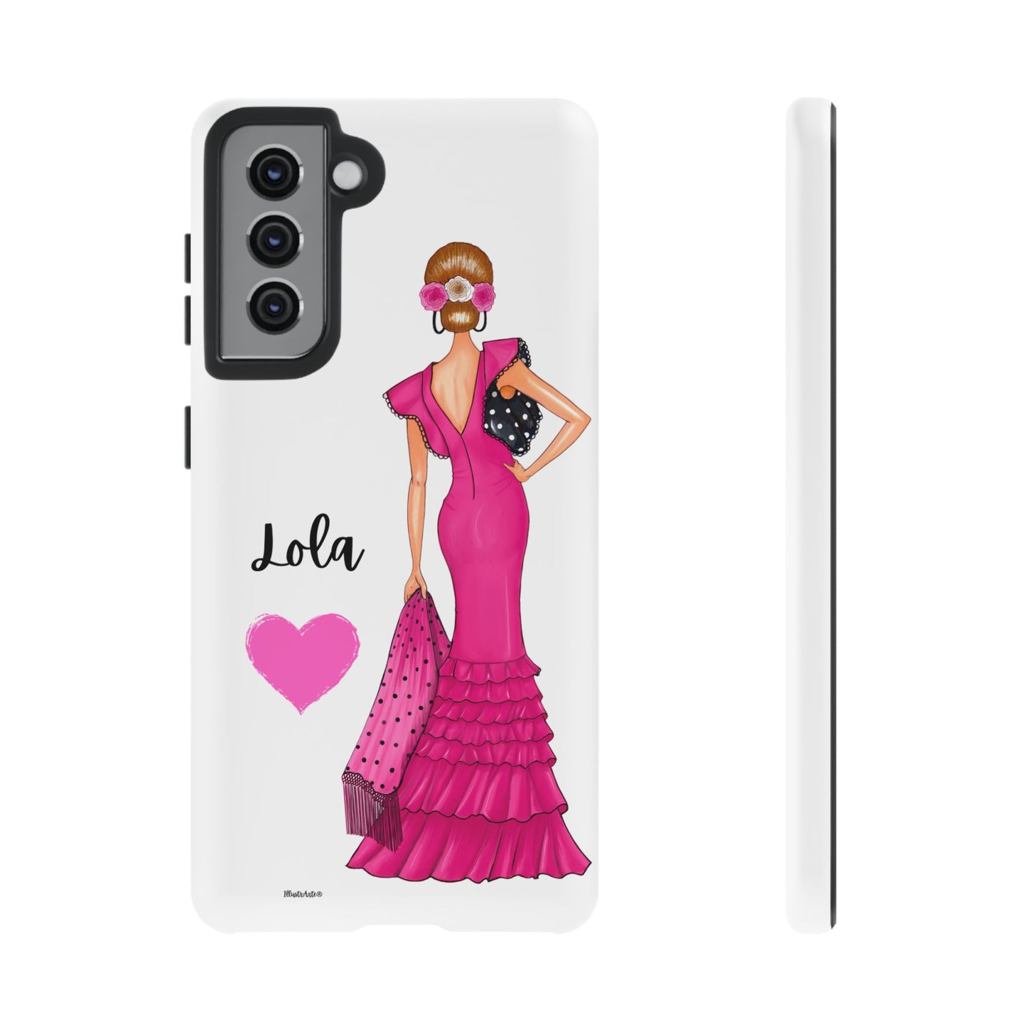 una funda para teléfono con una mujer en un vestido rosa