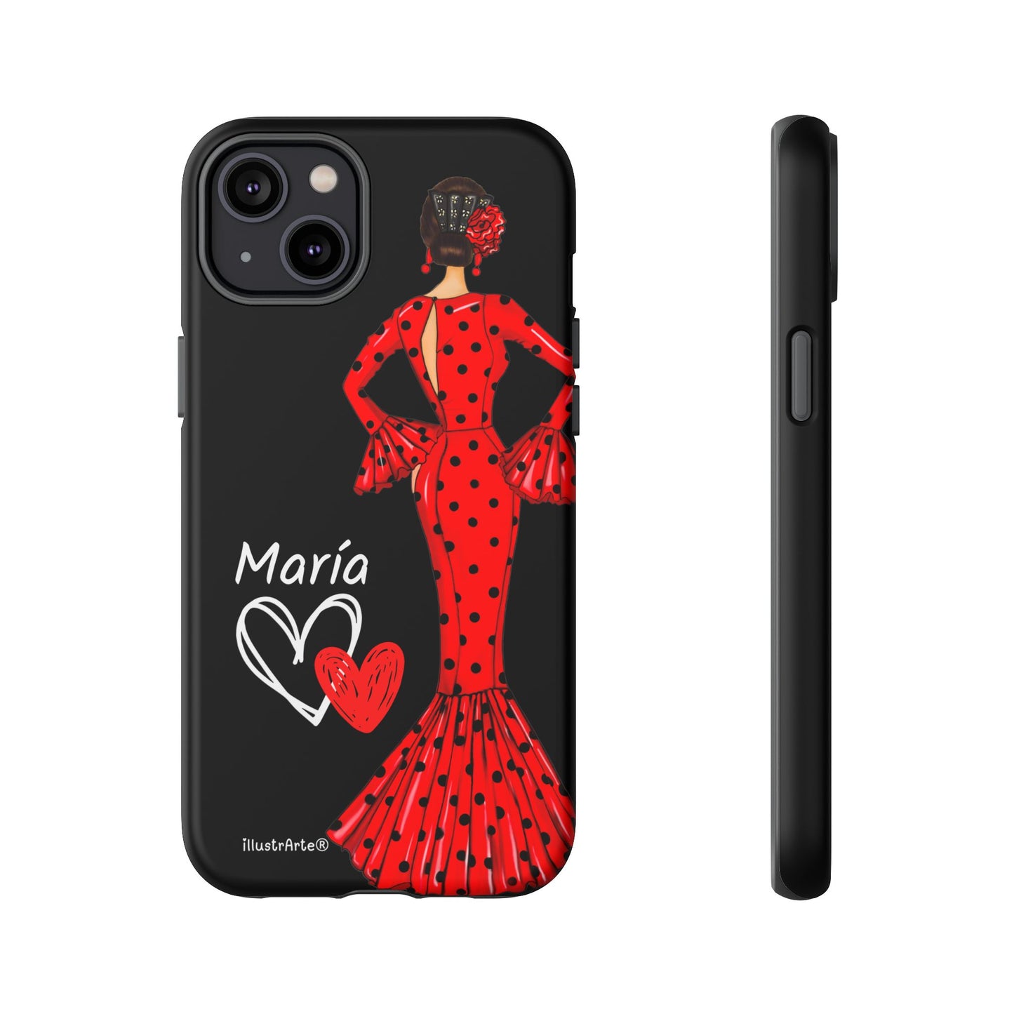 Capa de celular personalizável com nome/bandeira/Virgem - modelo Red Maria com cabelo escuro, fundo preto, para iPhone, Samsung e Google Pixel