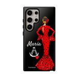 Personalised phone case flamenco dancer María, red dress, with a little Virgin Mary for Samsung Galaxy S24 Ultra, gloss finish – illustrArte