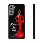Personalised phone case flamenco dancer María, red dress, with a little Virgin Mary for Samsung Galaxy S21, gloss finish – illustrArte