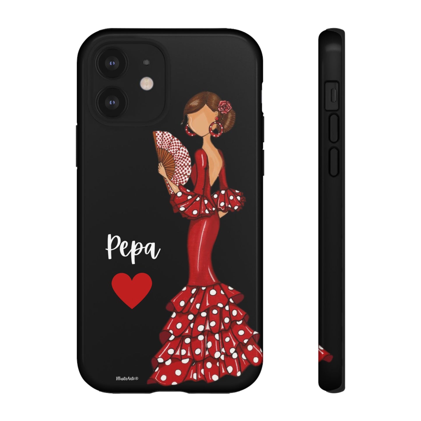 una funda de teléfono con una mujer en un vestido rojo