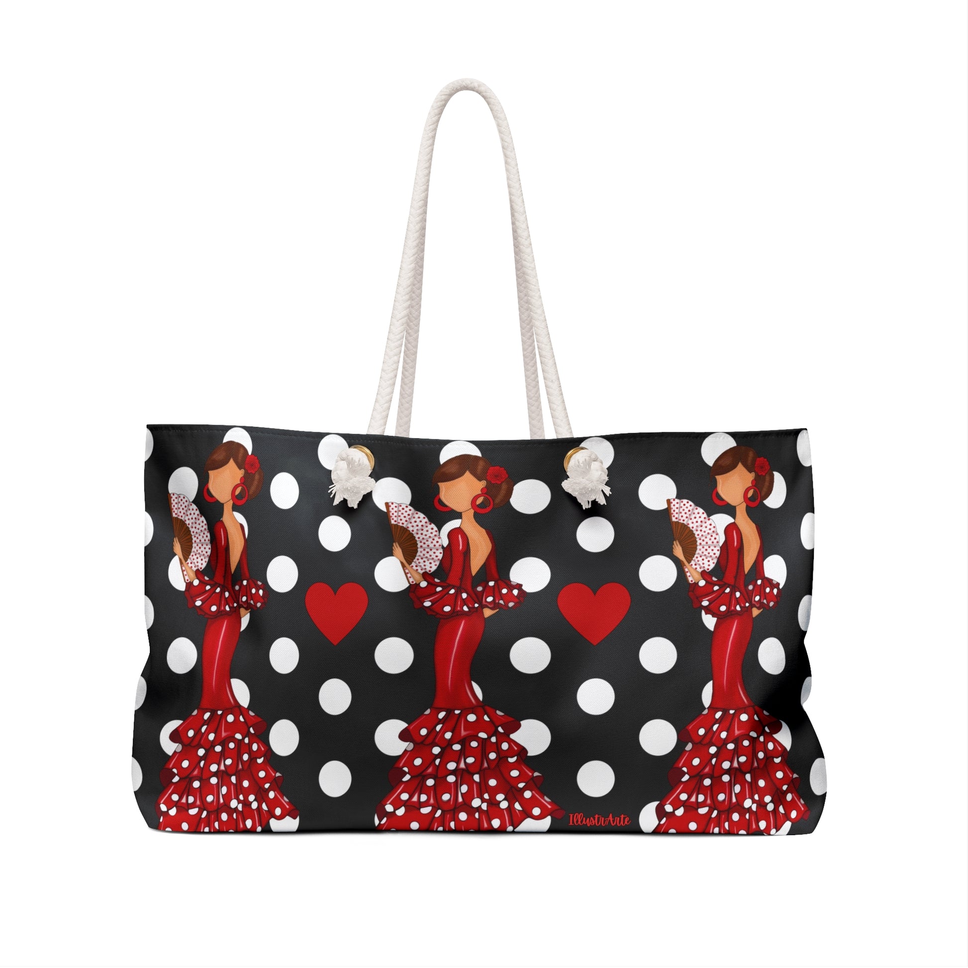 a black and white polka dot bag with a lady in a red dress