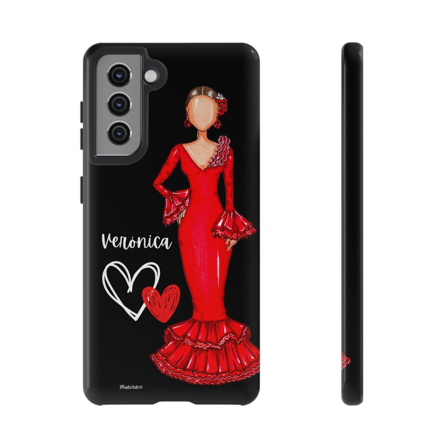 una funda de teléfono con un dibujo de una mujer con un vestido rojo