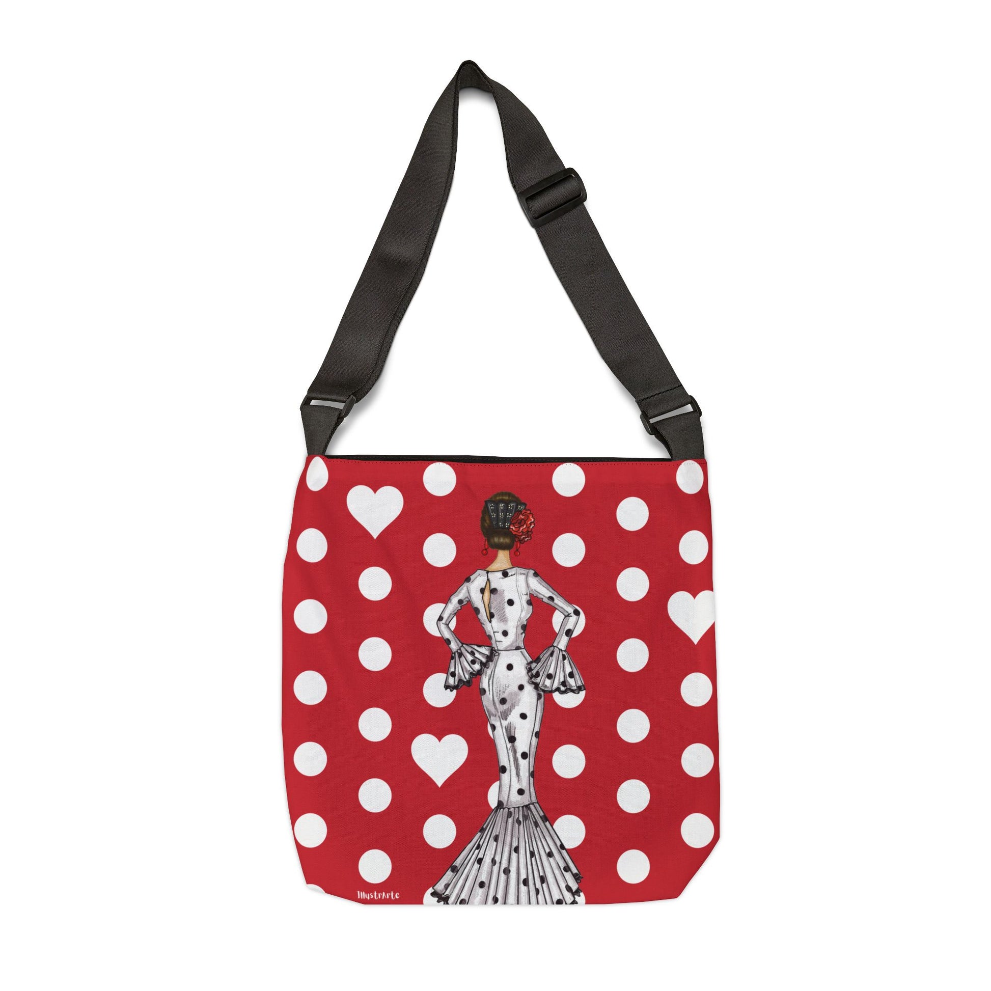 a red and white polka dot bag with a woman on it