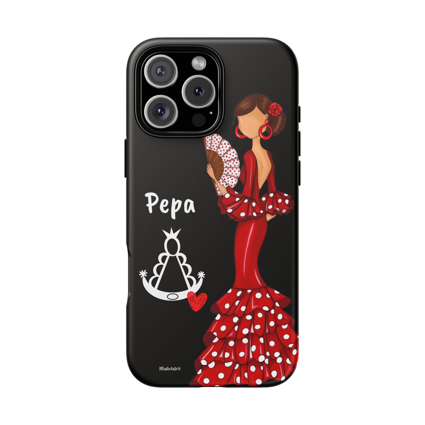 Personalized Pepa phone case on a black background with the Virgin Mary – for iPhone, Samsung, Pixel