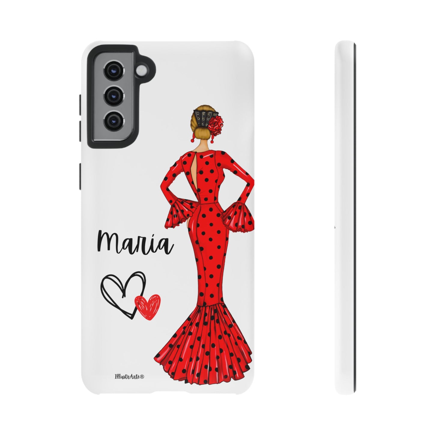 una funda de teléfono con una mujer en un vestido rojo