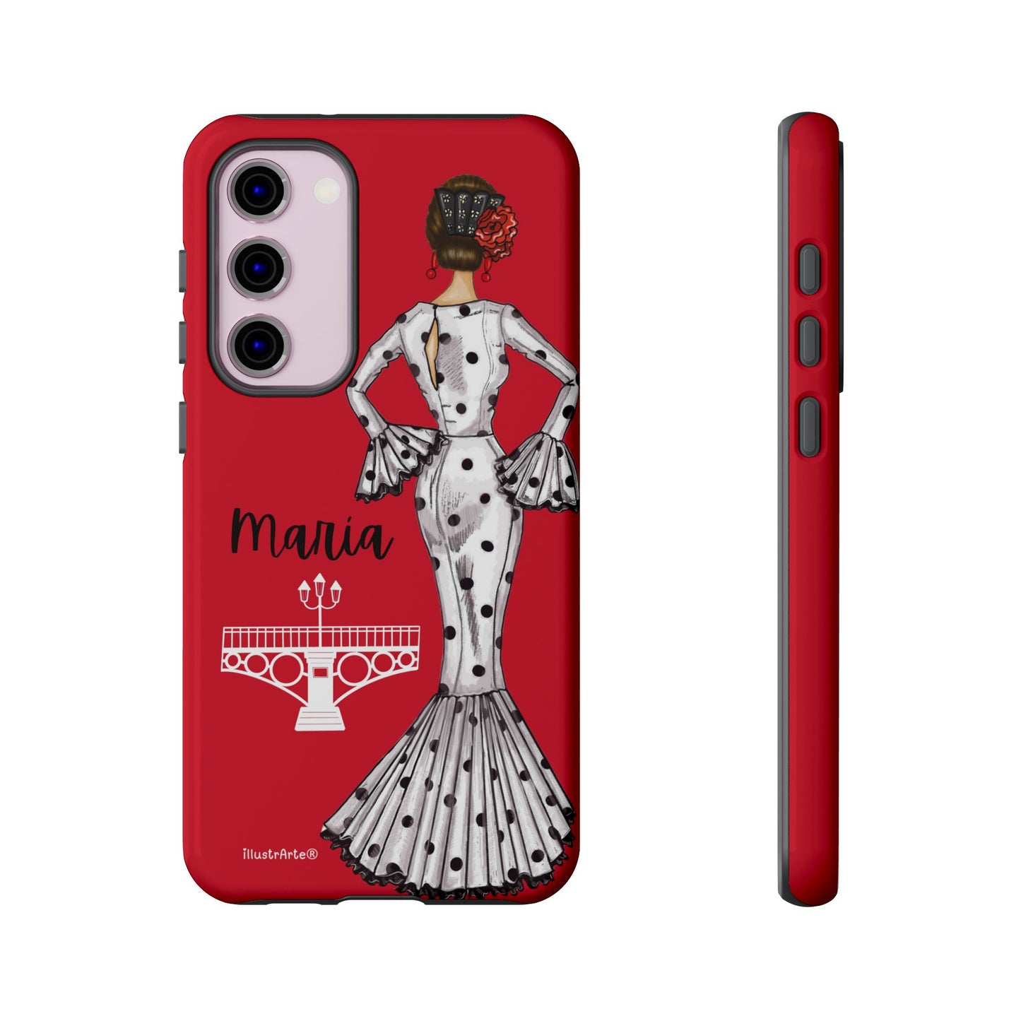 Funda de teléfono personalizable con nombre y bandera, diseño flamenco de María, ideal para iPhone.