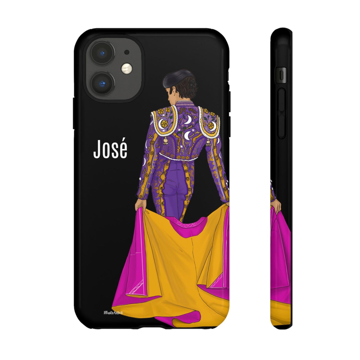 una funda de teléfono con una imagen de un hombre en un traje morado y amarillo