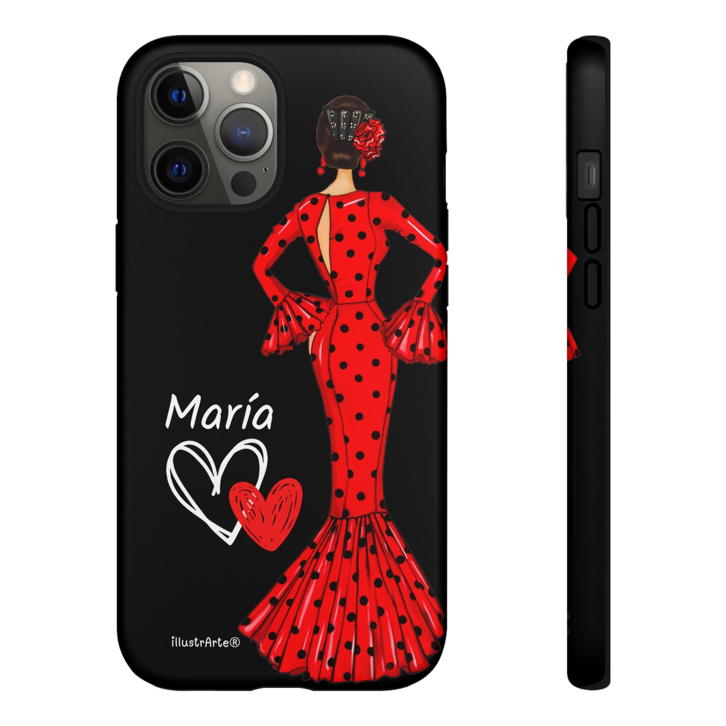 Capa de celular personalizável com nome/bandeira/Virgem - modelo Red Maria com cabelo escuro, fundo preto, para iPhone, Samsung e Google Pixel