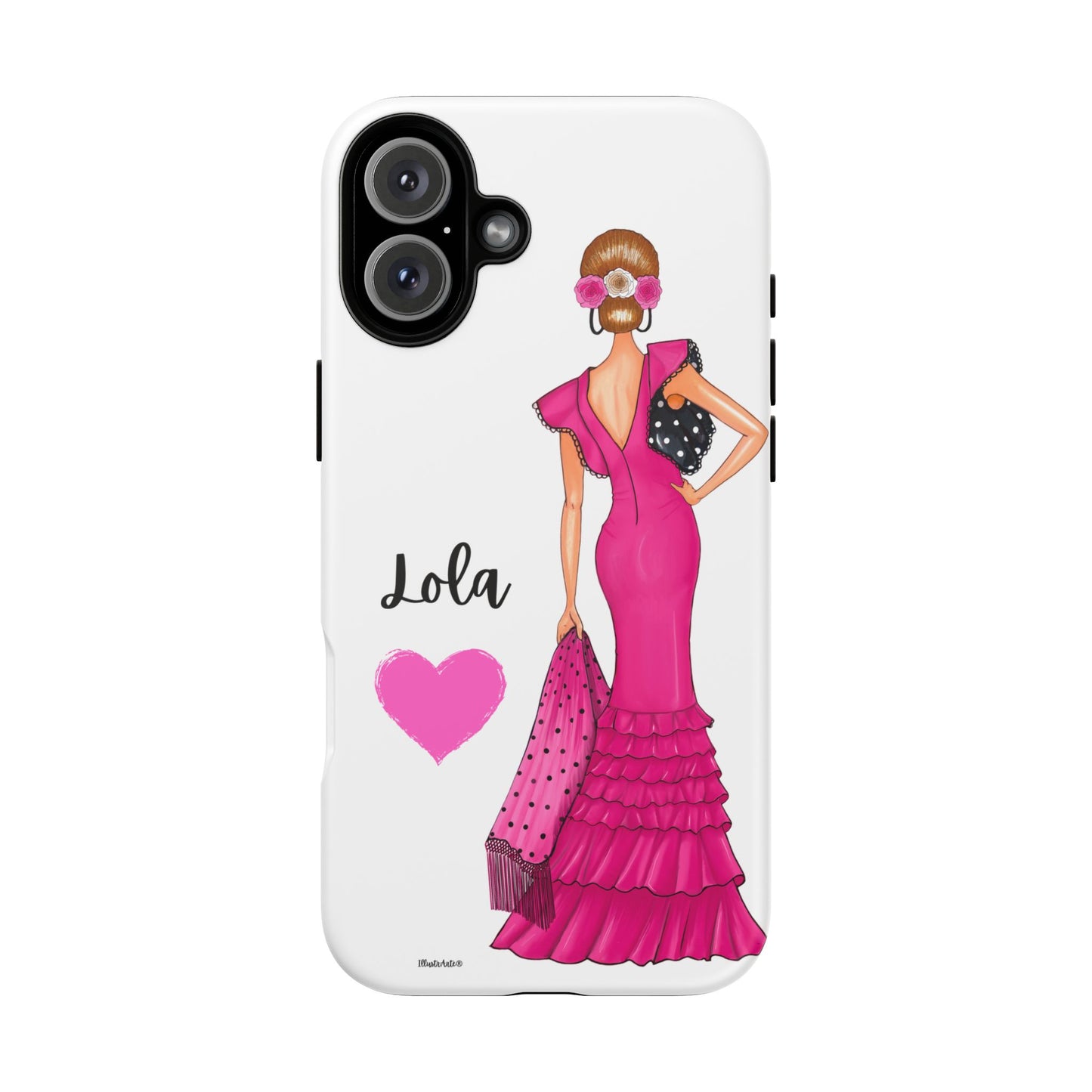 Funda de teléfono personalizable con nombre/bandera/Virgen - Modelo Manuela vestido rosa exhibiendo su magnífico diseño.