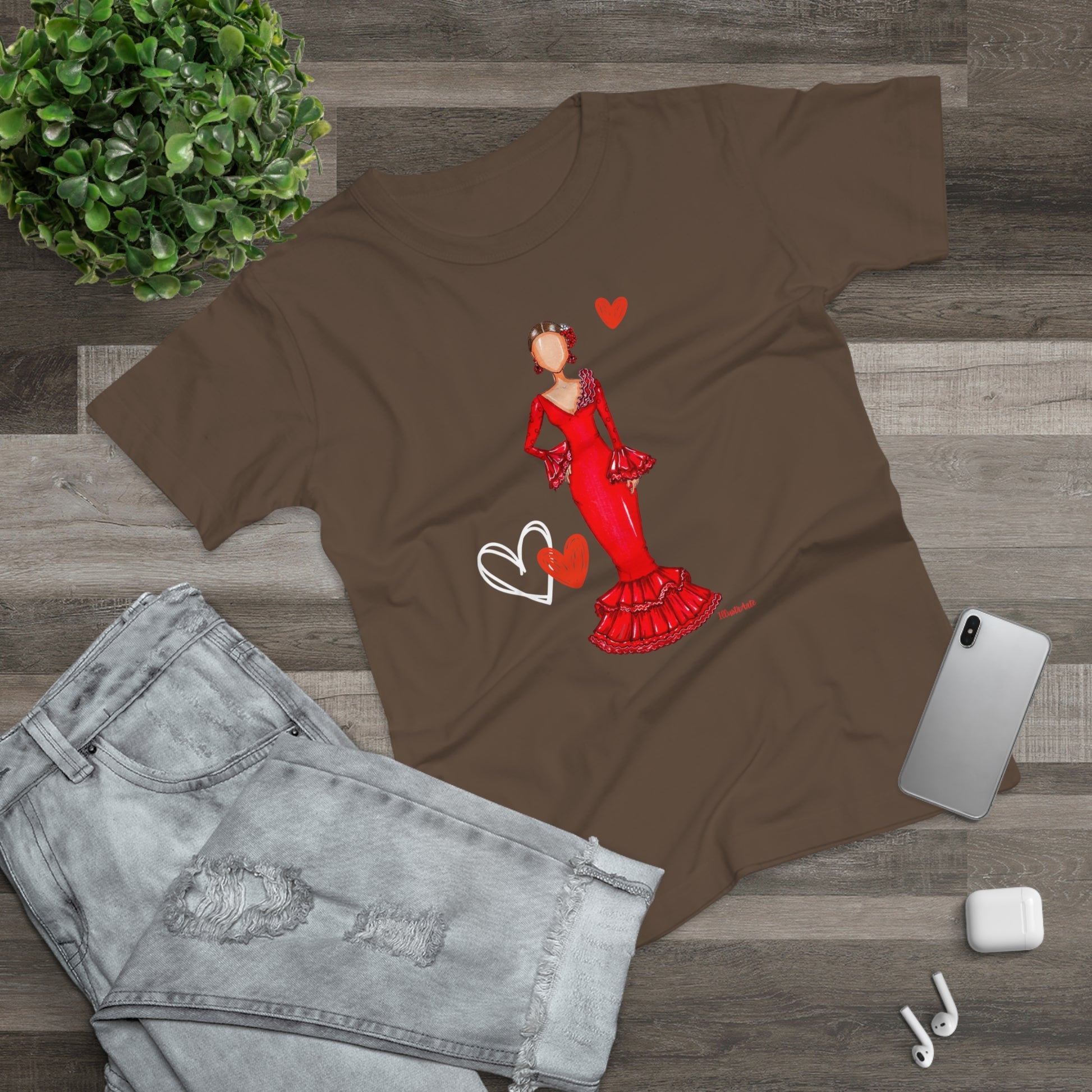 a t - shirt with a picture of a woman in a red dress