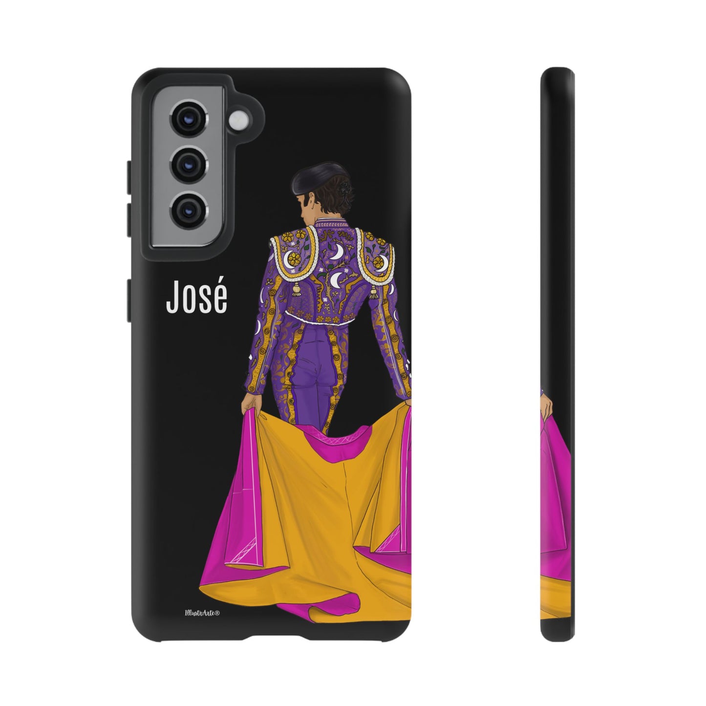 una funda de teléfono con un dibujo de un hombre en un traje morado y amarillo