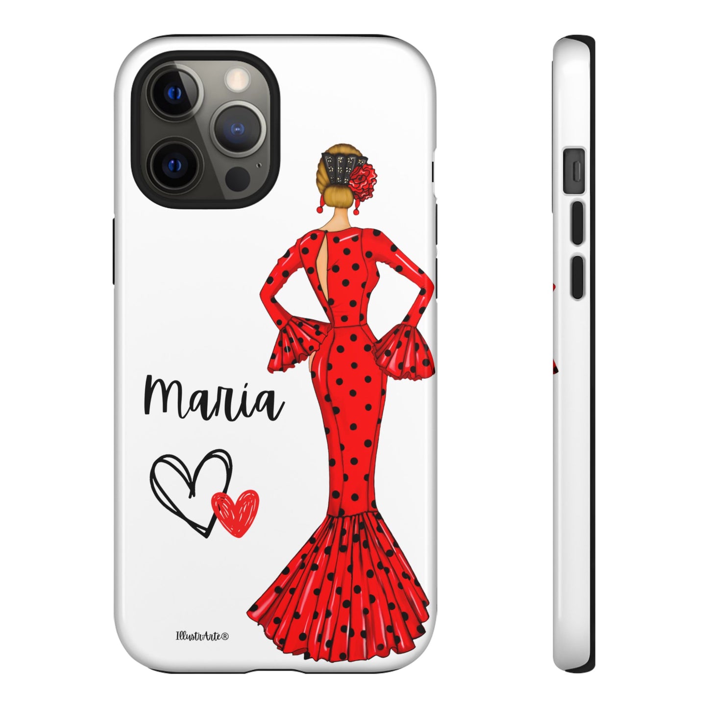 una funda de teléfono con una mujer en un vestido rojo