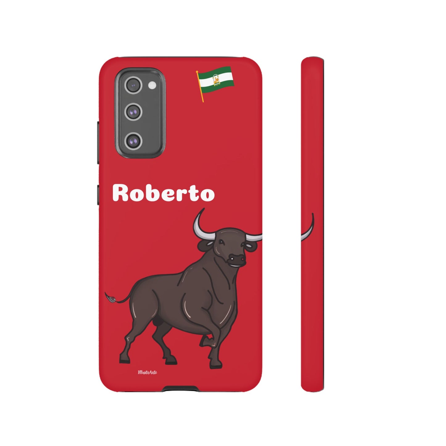 una funda de teléfono roja con un toro en ella