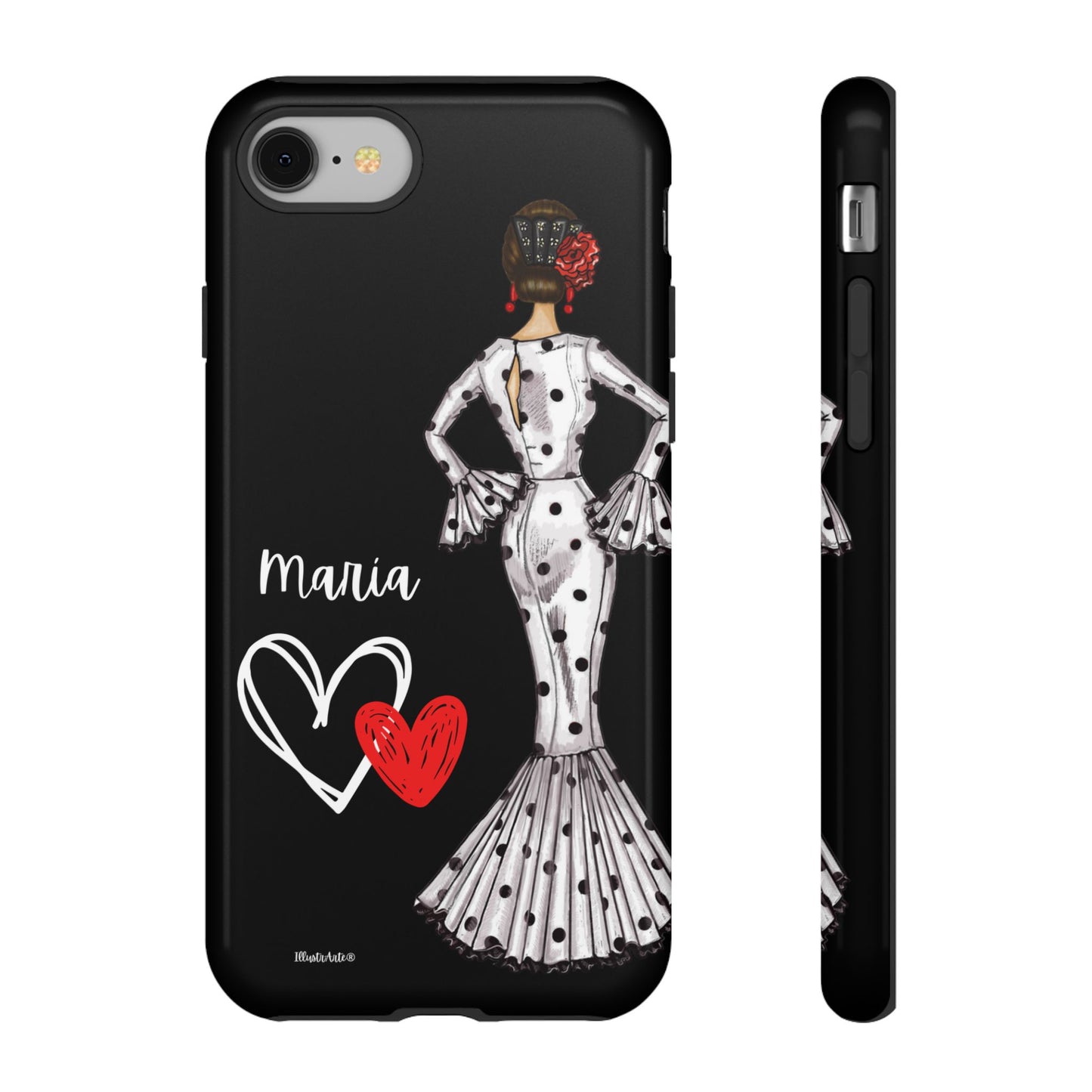 una funda de teléfono negra con una imagen de una mujer en un vestido