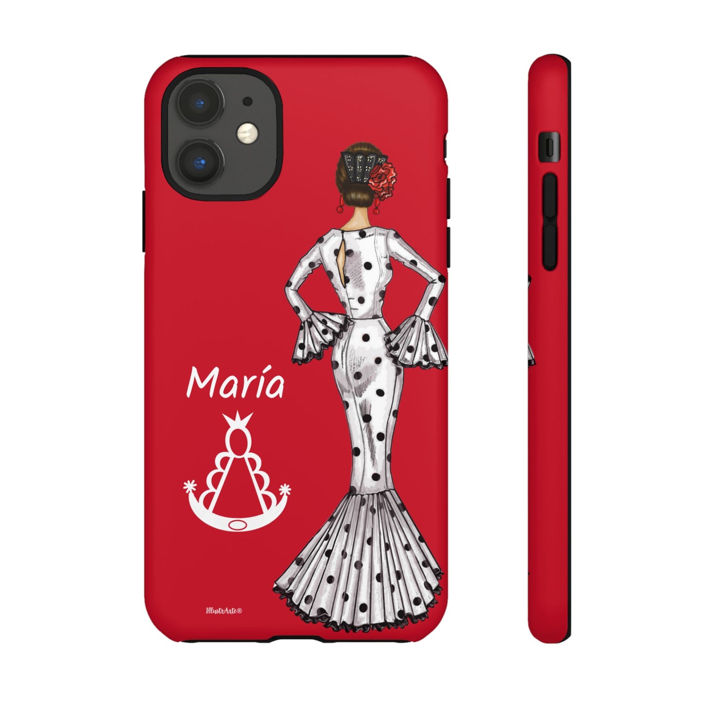 una funda de teléfono roja con una imagen de una mujer en un vestido