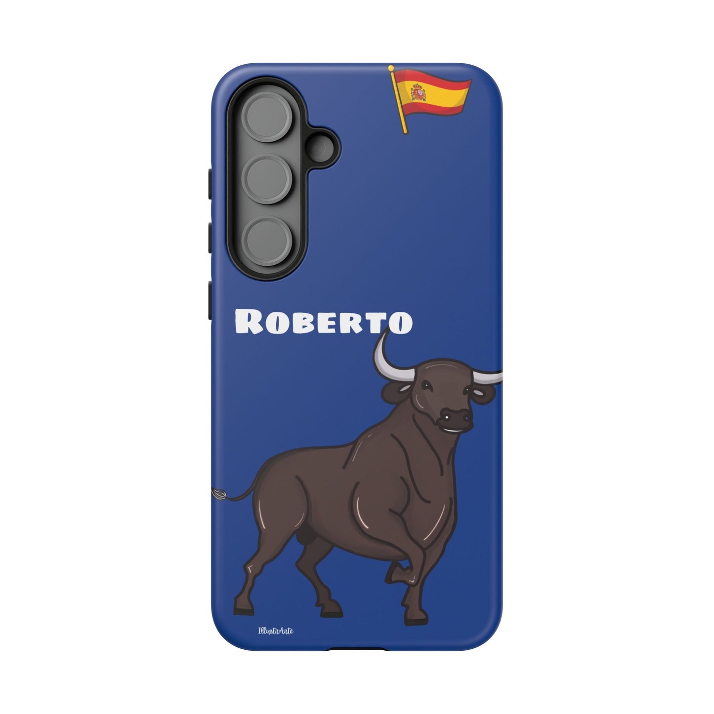 Funda de teléfono personalizable con nombre/bandera/Virgen - Modelo Toro Roberto, presentando detalles vibrantes y artísticos.