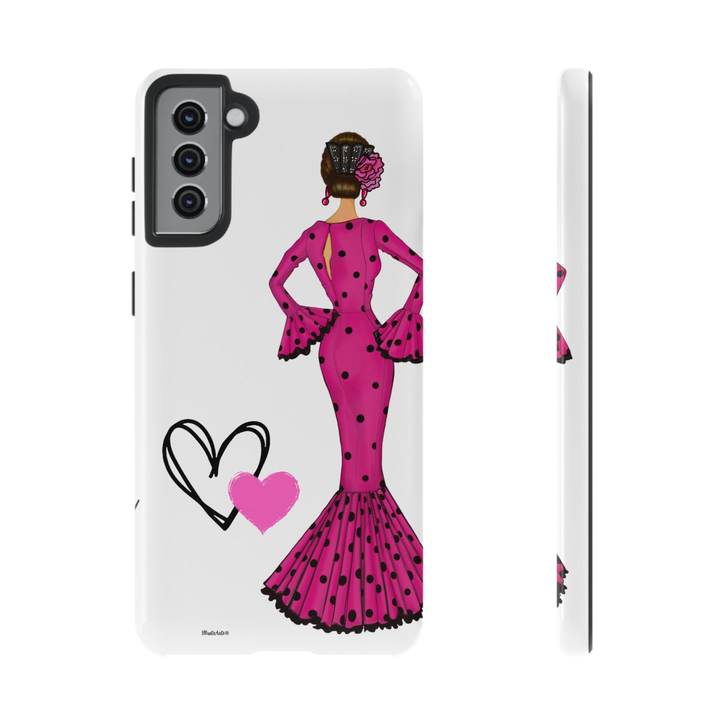 una funda de teléfono con una mujer en un vestido rosa