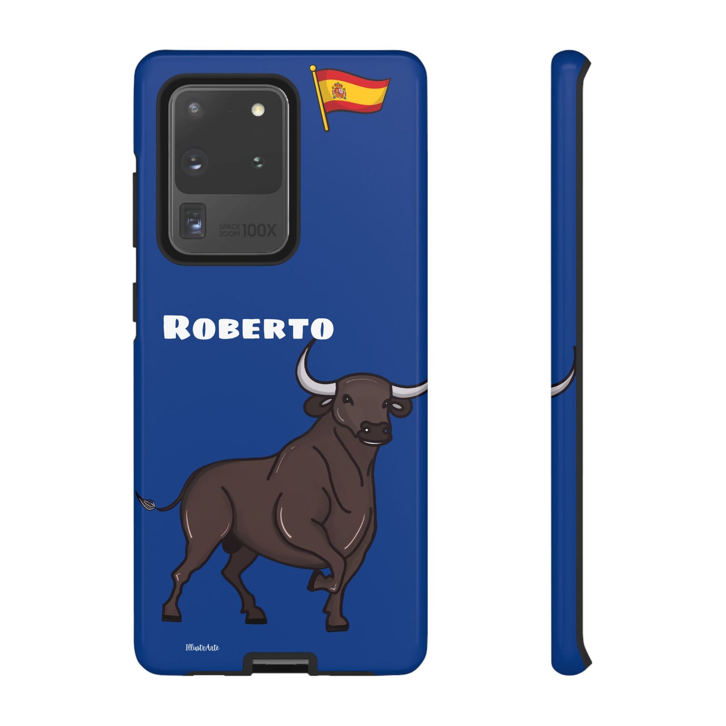 Funda de teléfono personalizable con nombre/bandera/Virgen - Modelo Toro Roberto sobre fondo azul, ideal para iPhone y Samsung.